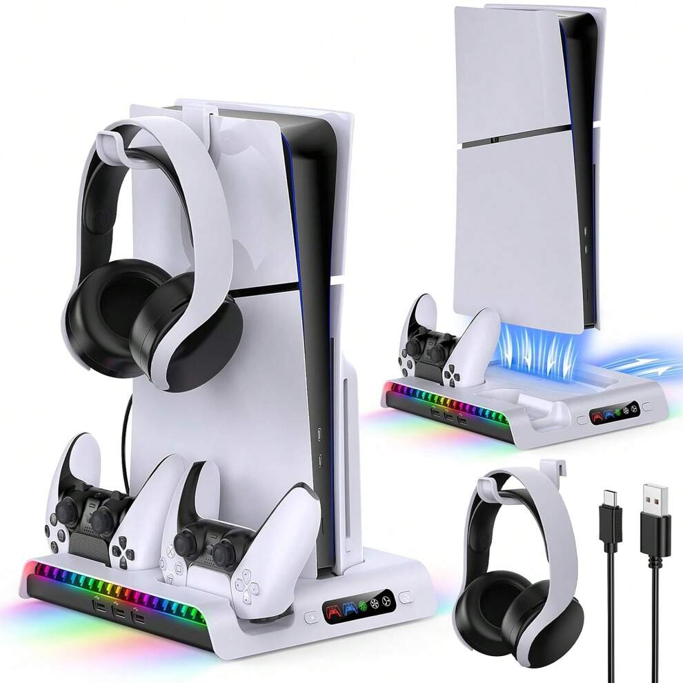 IPEGA PG-P5S006 White Set With RGB Ambient Breathing Light, Headphone Stand, 3-Level Centrifugal Turbo Fan For Low-Noise Cooling And Charging Dock For New PS5 SLIM Console And Wireless Controller