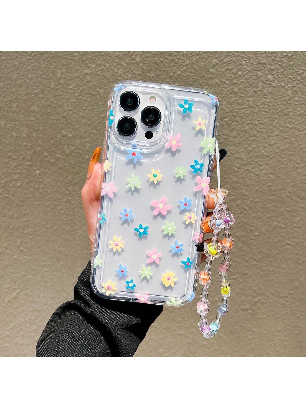 1pc Sweet Colorful Flower Pattern Airbag Shockproof Phone Case With Flower Pendant Strap, Compatible With IPhone