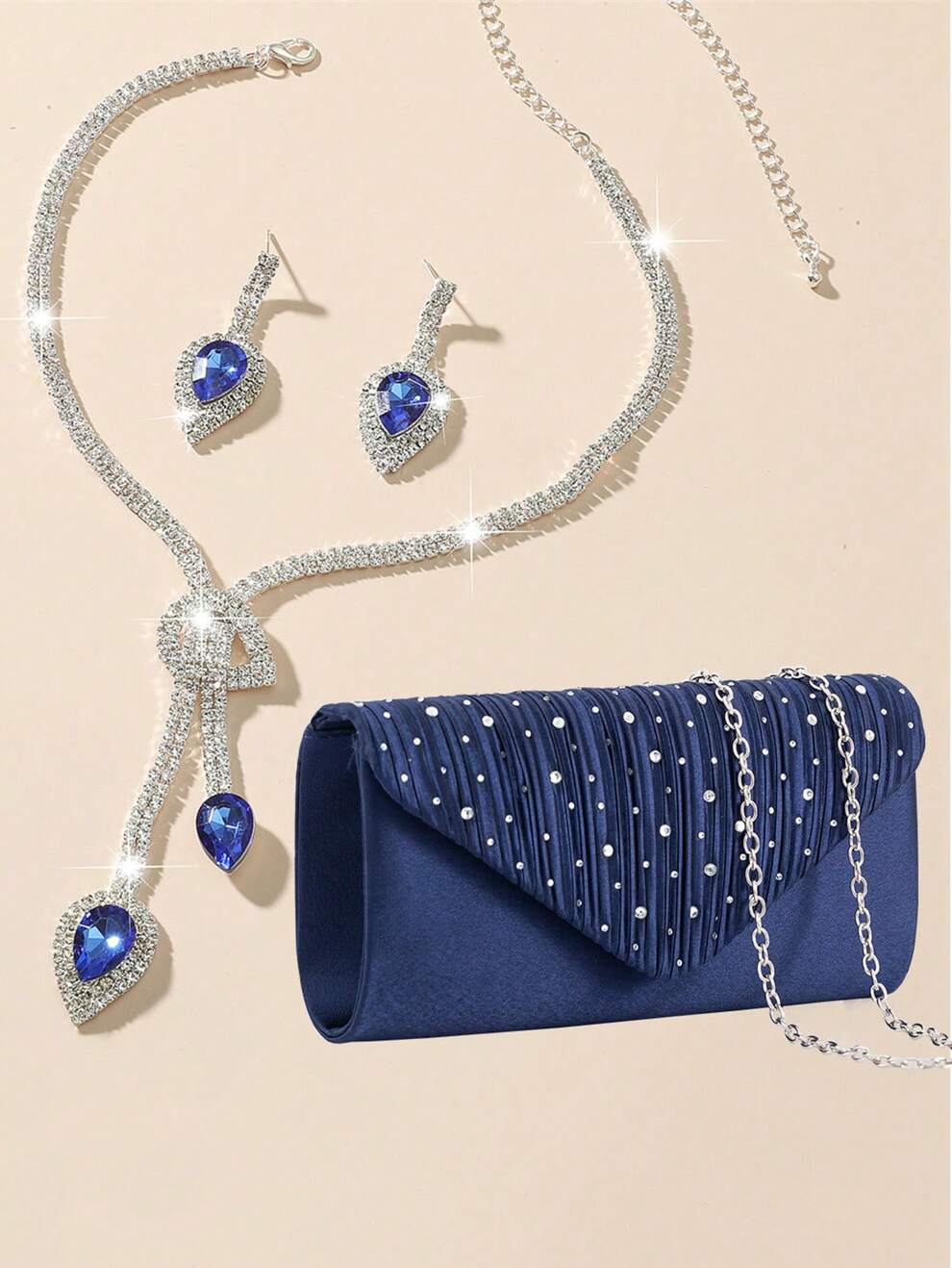 Women's Elegant Rhinestone Decor Evening Clutch/Shoulder Bag With Chain Strap + Heart Shaped Rhinestone Dangle Earrings & Necklace Set