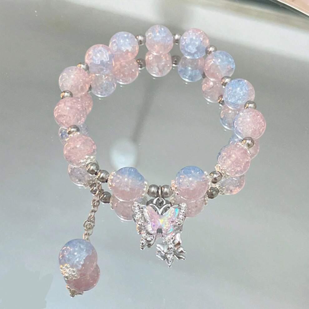 Forest Style Sweet Pink Butterfly & Glass Beaded Bracelet For Women, Ins Style Best Friend Bracelet With Irregular Floral Beads