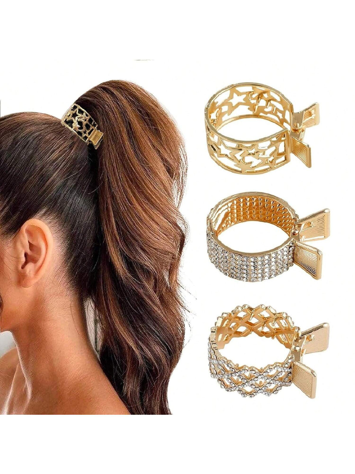 3pcs/Set Women's Gold Round Hair Clips With Rhinestones For High Ponytail Fixation, Anti-Slip, Suitable For Daily Wear, Home, Outdoor, Commute, Gift Elegant,School