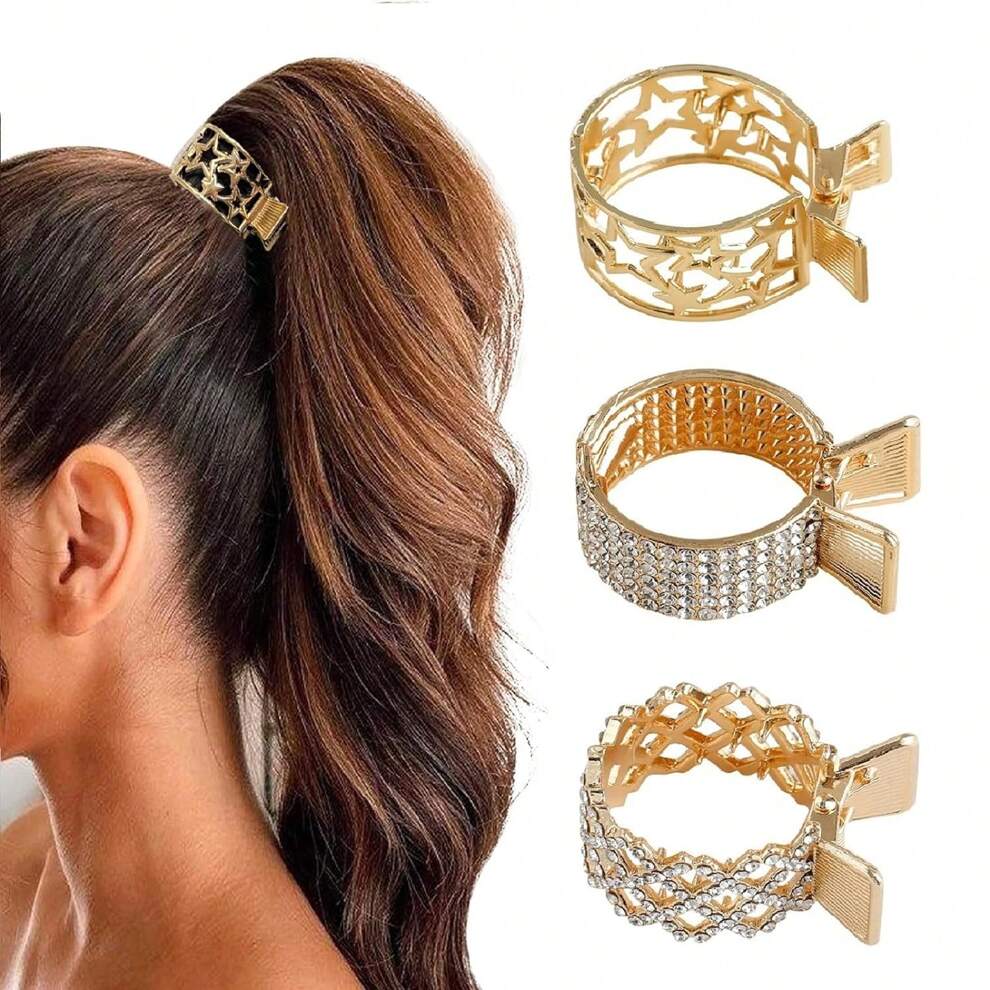 3pcs/Set Women's Gold Round Hair Clips With Rhinestones For High Ponytail Fixation, Anti-Slip, Suitable For Daily Wear, Home, Outdoor, Commute, Gift Elegant,School