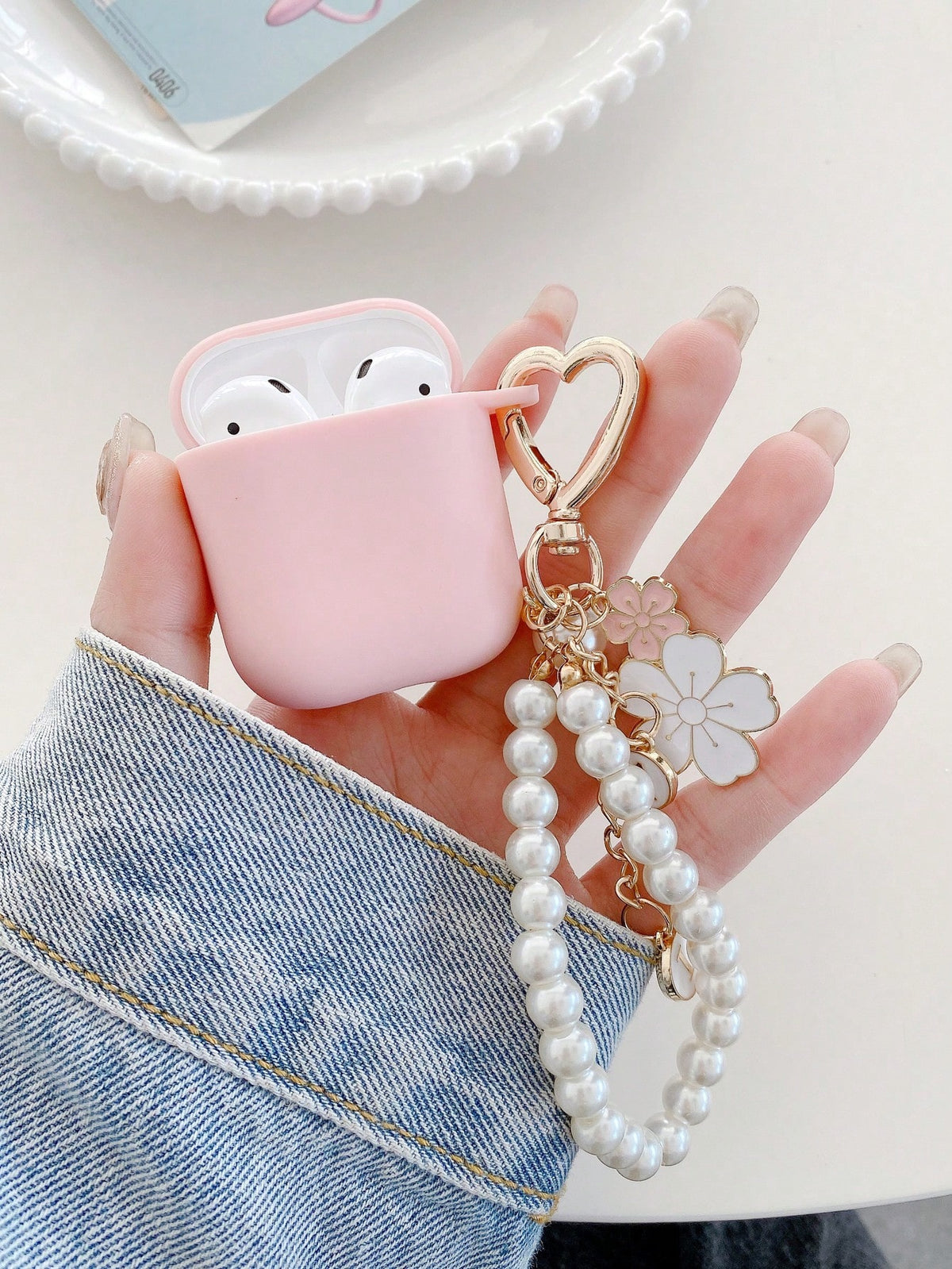 Pink 1pc New Flower Pendant With Cute White Flower And Letter Detail Beads Compatible With Airpods 1/2/Airpods Pro Earphone Case