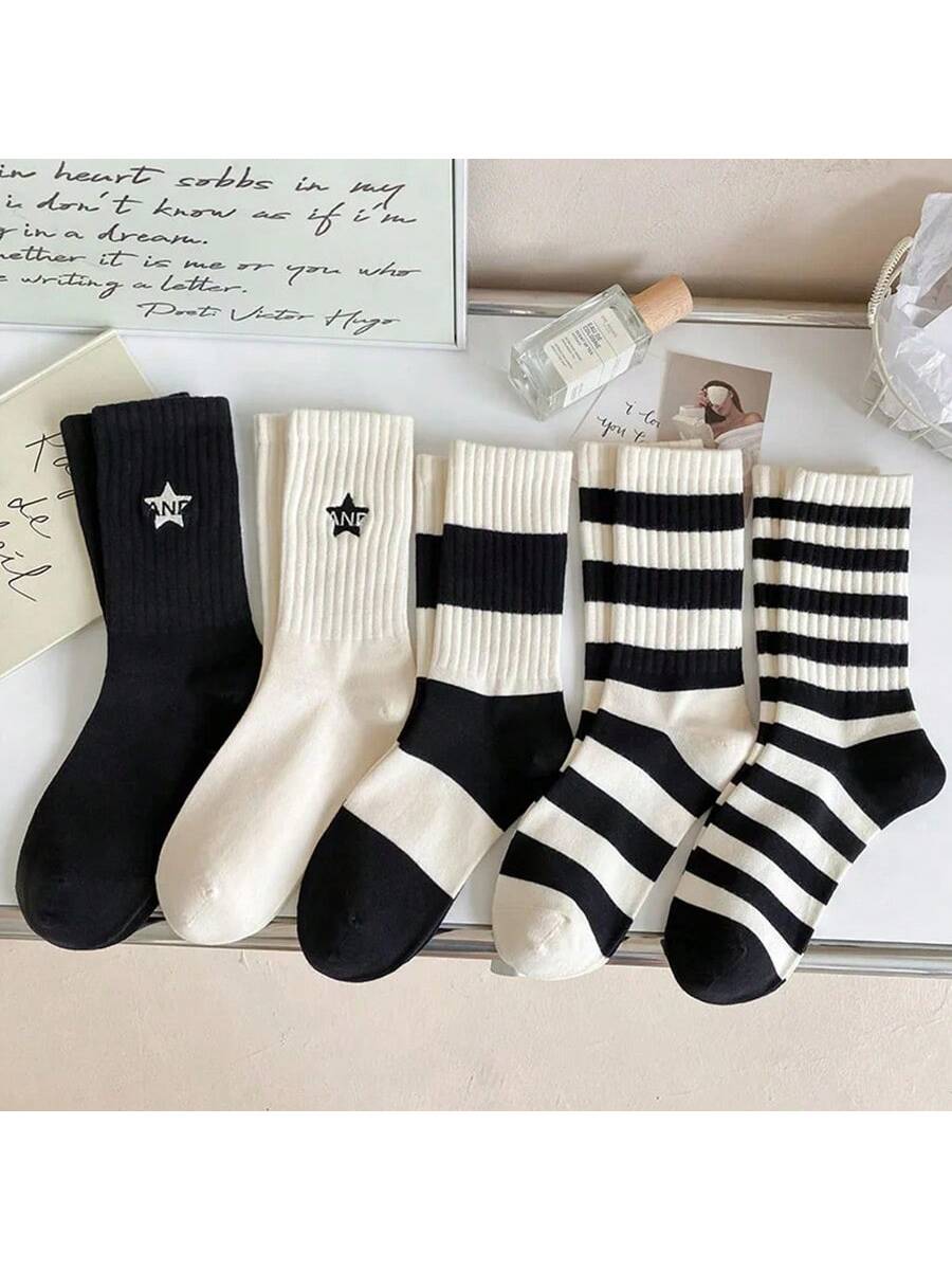 5 Pairs Of Women's Black And White Striped Socks Set Minimalist Style Embroidered Pentagram Women's Sports Socks