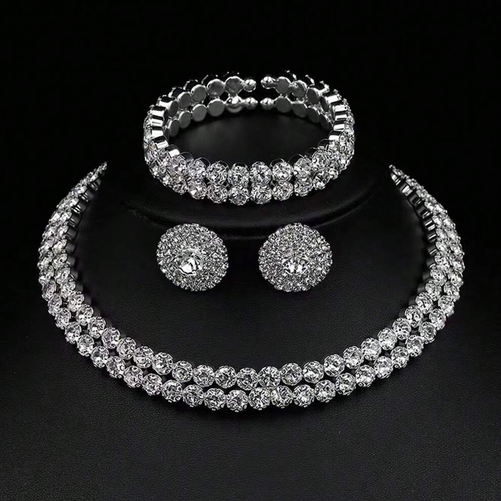 1set Exquisite And Elegant Double Row Rhinestone Necklace, Earrings And Bracelet Set Suitable For Daily Wear And As A Gift For Women