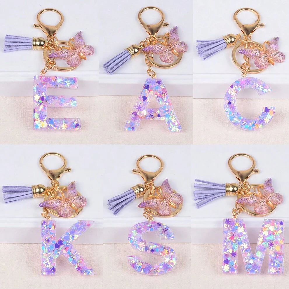 Boho Initial Letter Keychain Cute Snowflake Love Sequins Alphabet Key Chain Butterfly Pendant Ring Purse Bag Backpack Charm Earbud Case Cover Accessories Women Girls Gift Couple Valentine's Day.