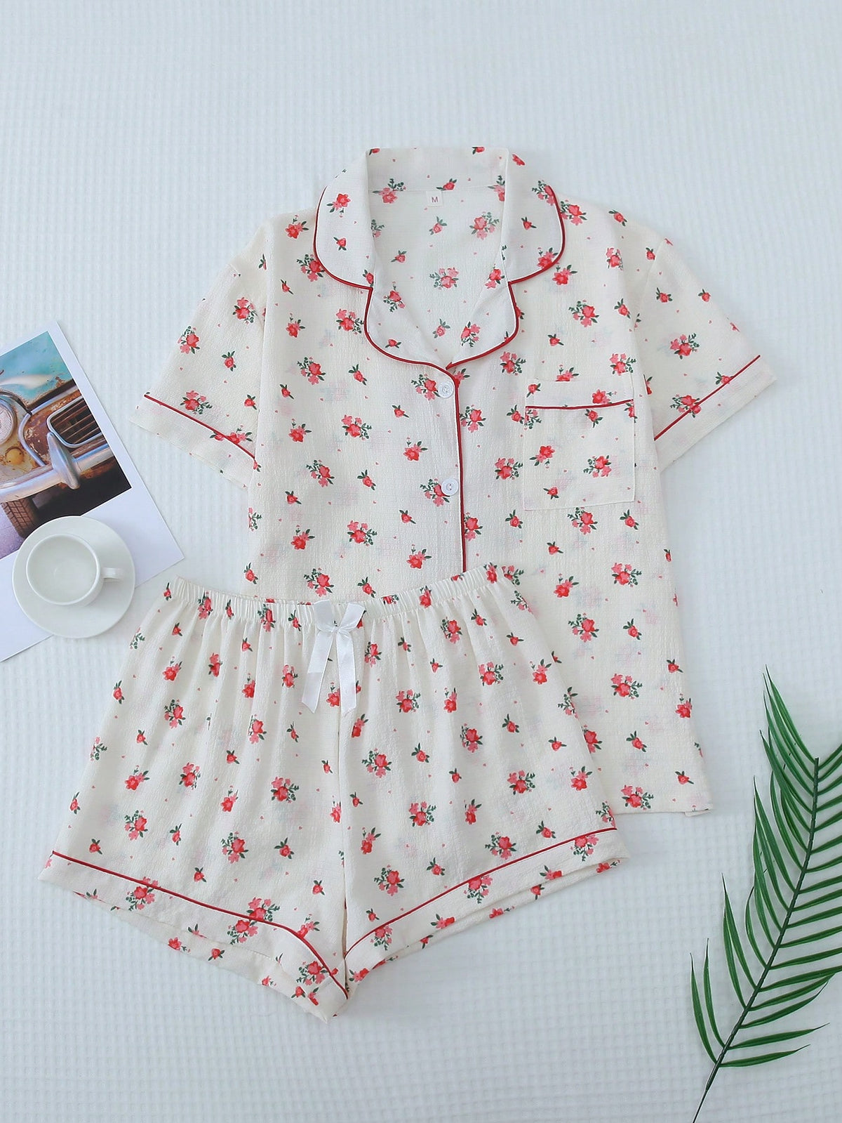 2pcs/Set Women's Floral Print Pajamas With Contrast Trim Button Down Short Sleeve Top And Bowknot Shorts, Suitable For Home Wear In Summer