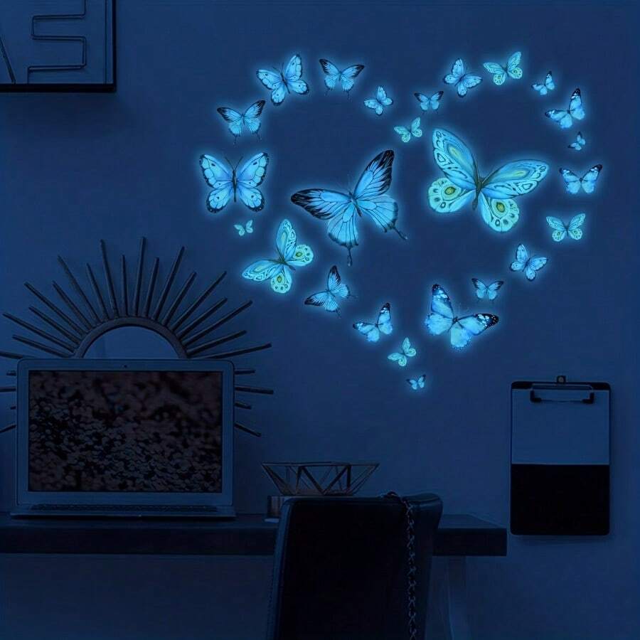 25pcs Blue Butterflies Pattern Self-Luminous Stickers, Glowing In The Dark, Detachable Waterproof Self-Adhesive Vinyl Stickers, Suitable For Living Room, Bedroom, Background Wall Bathroom Wall Decorat