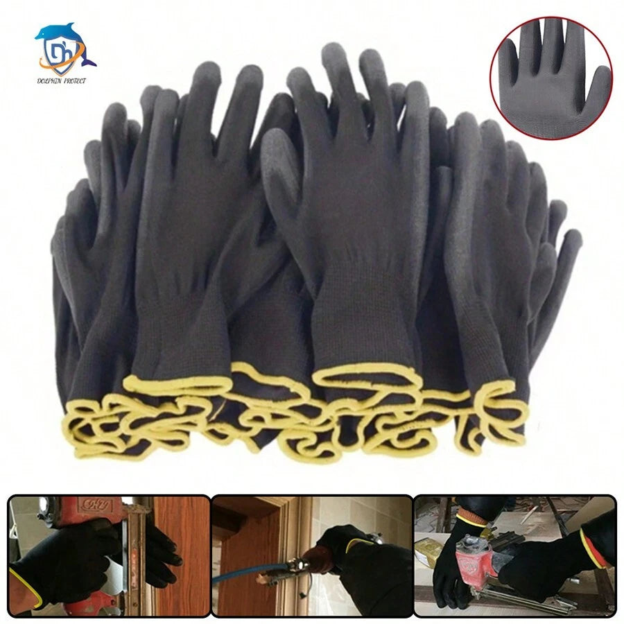 20Pieces/10 PairsSafety Work Gloves Black Grey Pu Nylon Gloves Industrial Protective Work Gloves Polyurethane Gloves Repair Gloves Palm Coated Gloves Carpenters Repairman Supplies Obtained CE EN388