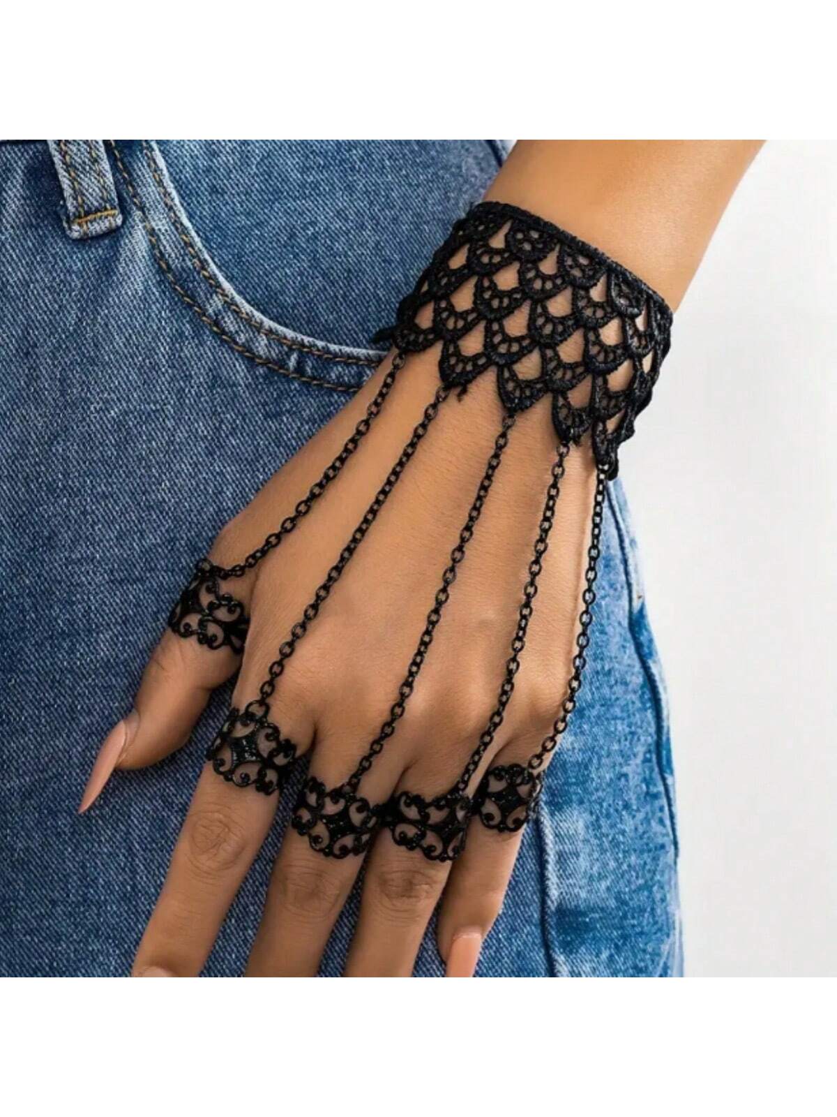 1pc Vintage Exaggerated Dark Lace Mittens Finger Ring Bracelet Gothic Hand Back Chain