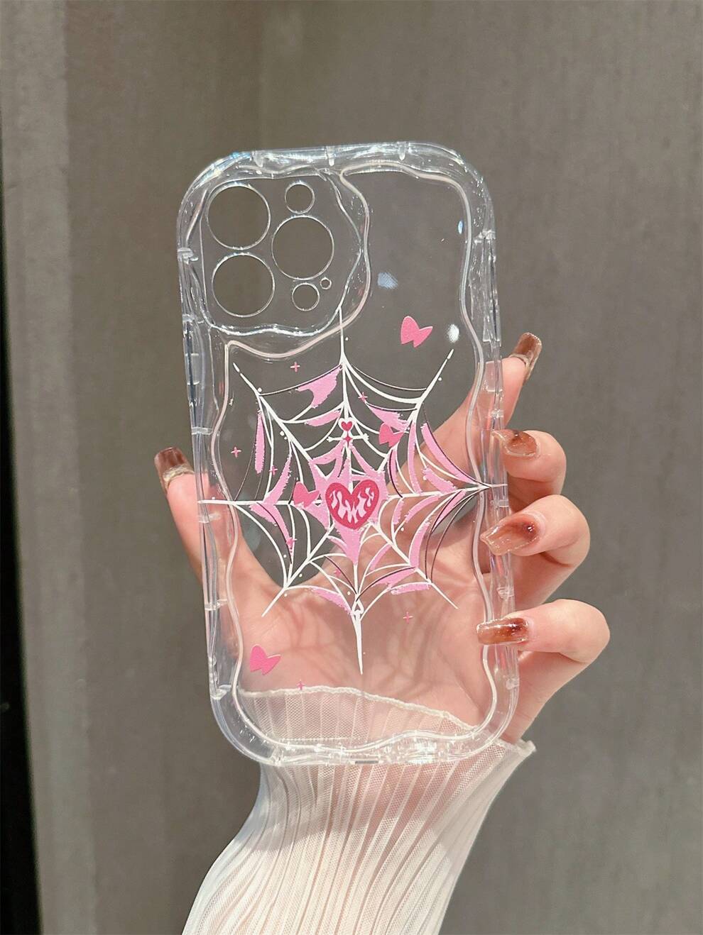 Clear Cream Pattern Phone Case With Spiderweb Design Compatible With Apple Iphone 15promax, Creative Heart Protective Cover Compatible With IPhone 14/13/11, Anti-Shock