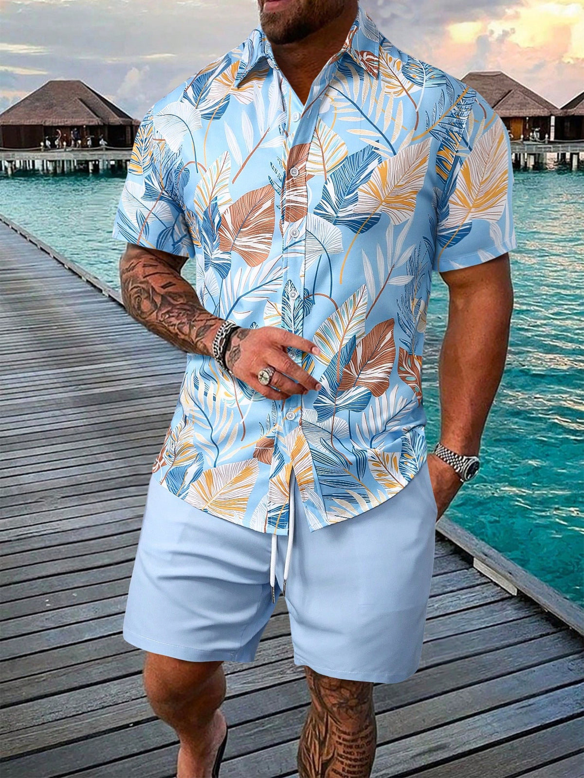 Manfinity RSRT 2pcs Men's Vacation Casual Plant Printed Short Sleeve Shirt And Solid Color Shorts Set