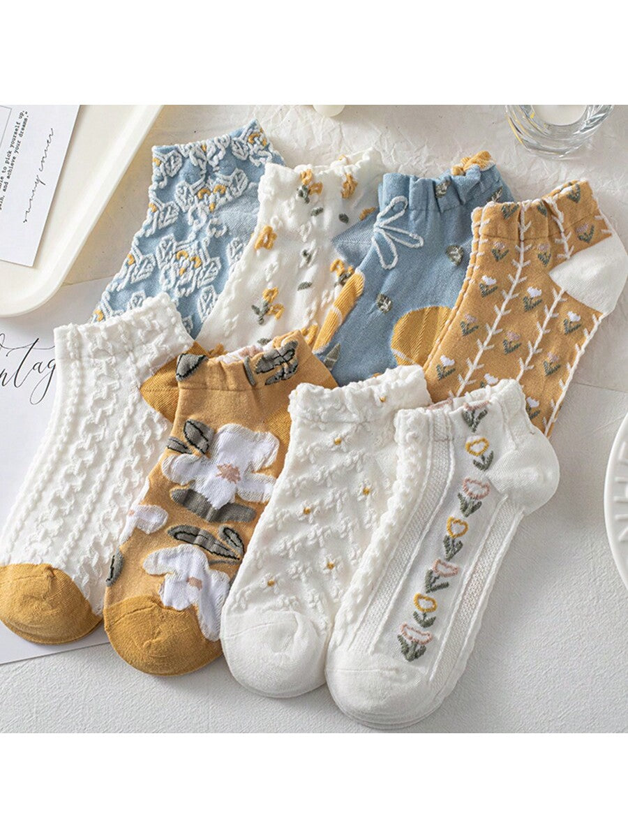 8pairs Women's Palace Style Floral Socks, Vintage & Artistic Ankle Short Socks, Tender & Casual Lace Trim Boat Socks