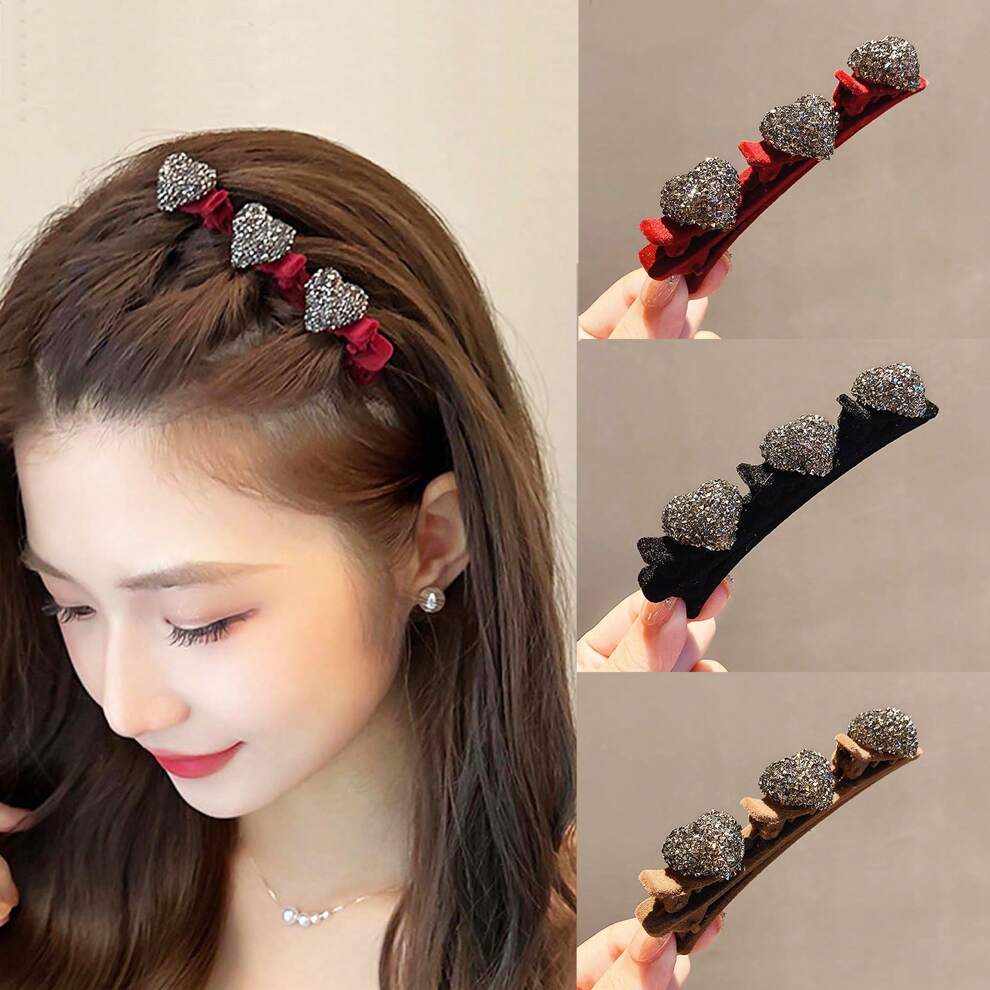 1pc Hair Clip With Rhinestone Heart Pattern And Plush Braid, Side Hair Clip For Bangs, Sweet Hair Accessory For Girls, Available In Red, Black, Coffee Color Elegant