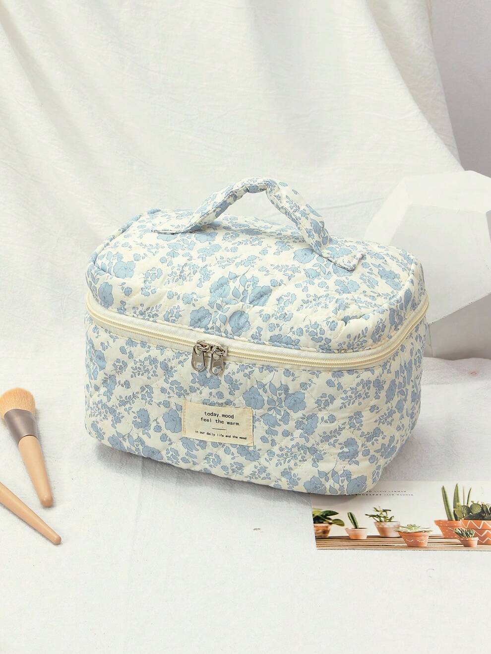 One White-Lily & Ditsy Floral Print Cosmetic Bag With Large Capacity & Seaming For Travel, New Year Gift, Valentine Gift