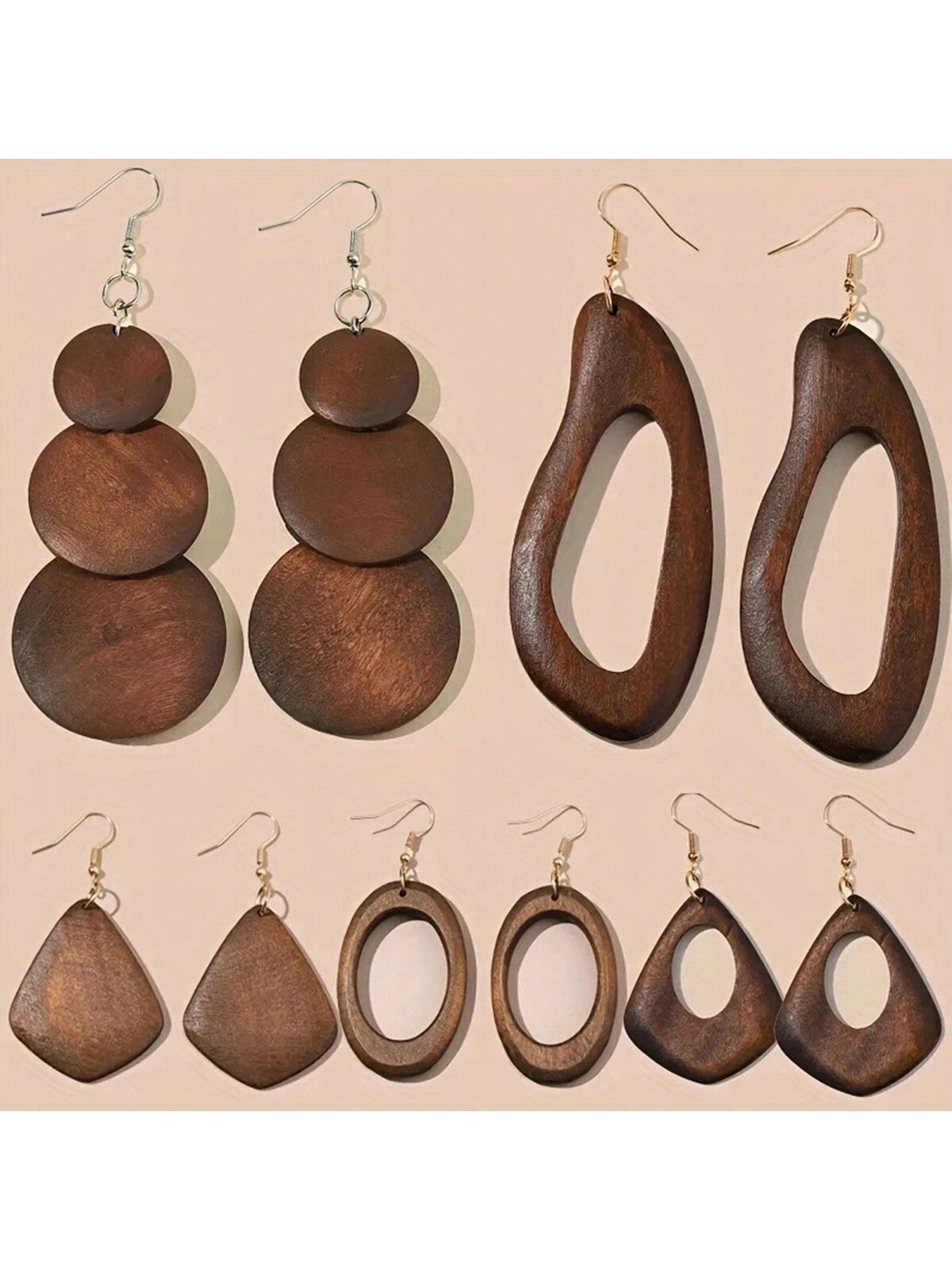 5pairs/Set Vintage Brown Solid Wood Pendant Earrings