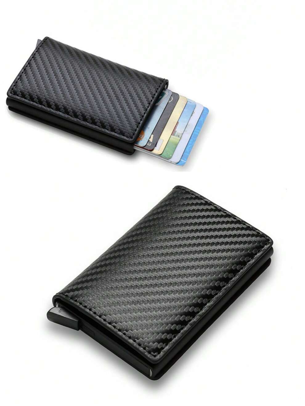 1pc Unisex Carbon Fiber Automatic Pop-Up Card Holder Pu Card Wallet With Rfid Anti-Theft And Anti-Scanning Aluminum Metal Card Case, Suitable For Everyday Use