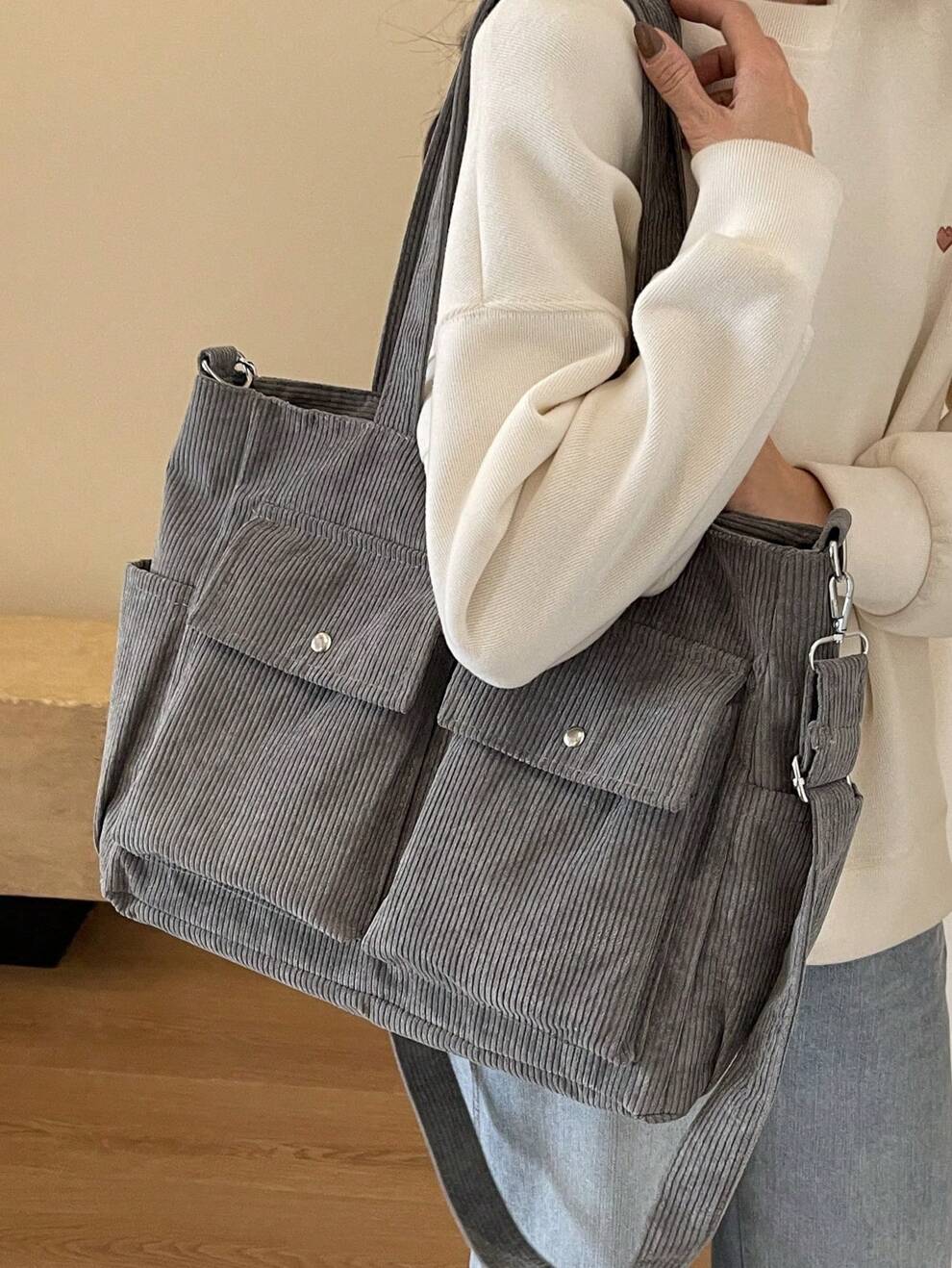 2023 New Arrival Fashionable Women's Bag, Large Capacity Shoulder Bag For Commuting Or Casual, Unique Design, Simple And Stylish Corduroy Texture, Detachable Long Shoulder Strap, Zipper Closure, Dual