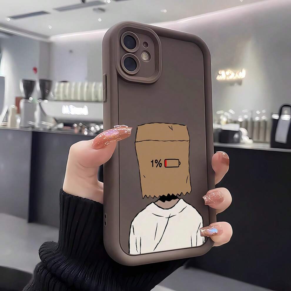 1pc 1% Battery Level Cartoon Character Creative Ins Style Anti-Fall Protective Case With Brown Ladder & Lens Ring Frame, Compatible With Samsung A Series, F Series And M Series Models