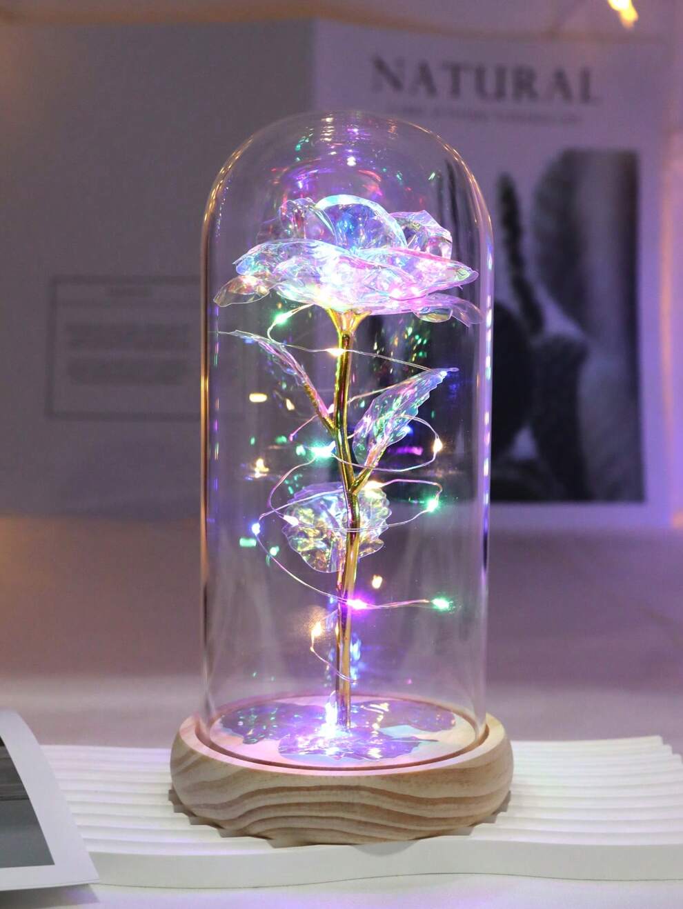 1pc Colored Rose Flower Led Light With Wooden Base Decoration For Christmas And Valentine's Day Gift