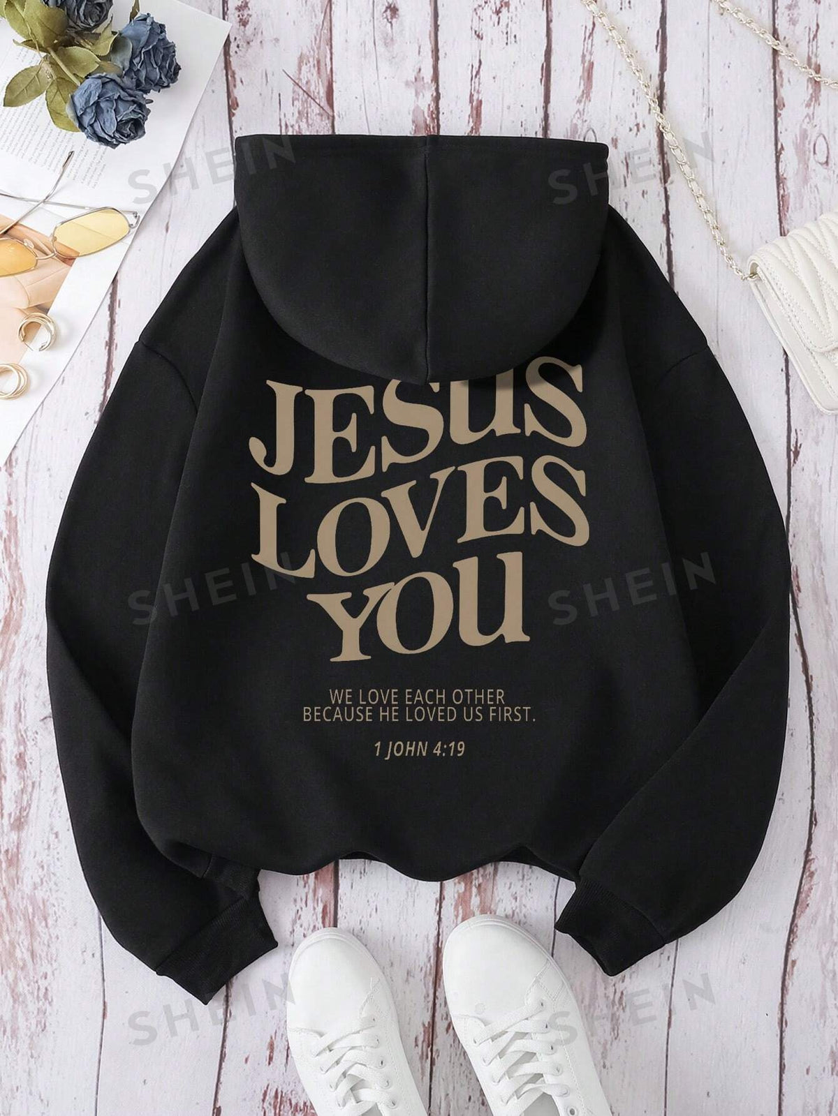 SHEIN EZwear Women's Hooded Long Sleeve Sweatshirt With Slogan Print JESUS LOVES YOU WE LOVE EACH OTHER BECAUSE HE LOVED US FIRST 1 JOHN 4: 19