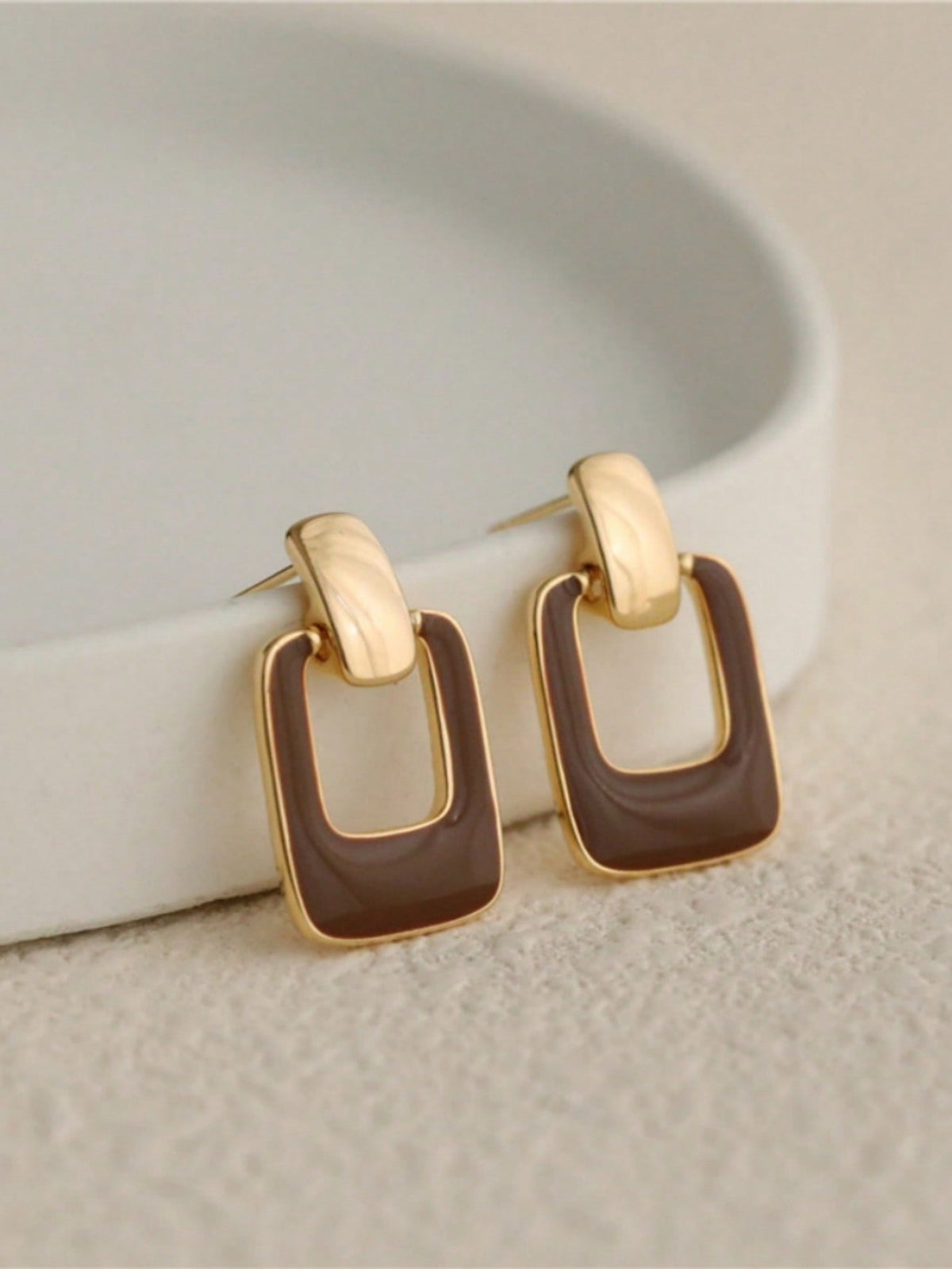 Geometric Shape Brown Enamel Square Dangle Earrings Warm Color Elegant Square Earrings For Women And Girls Daily Wear