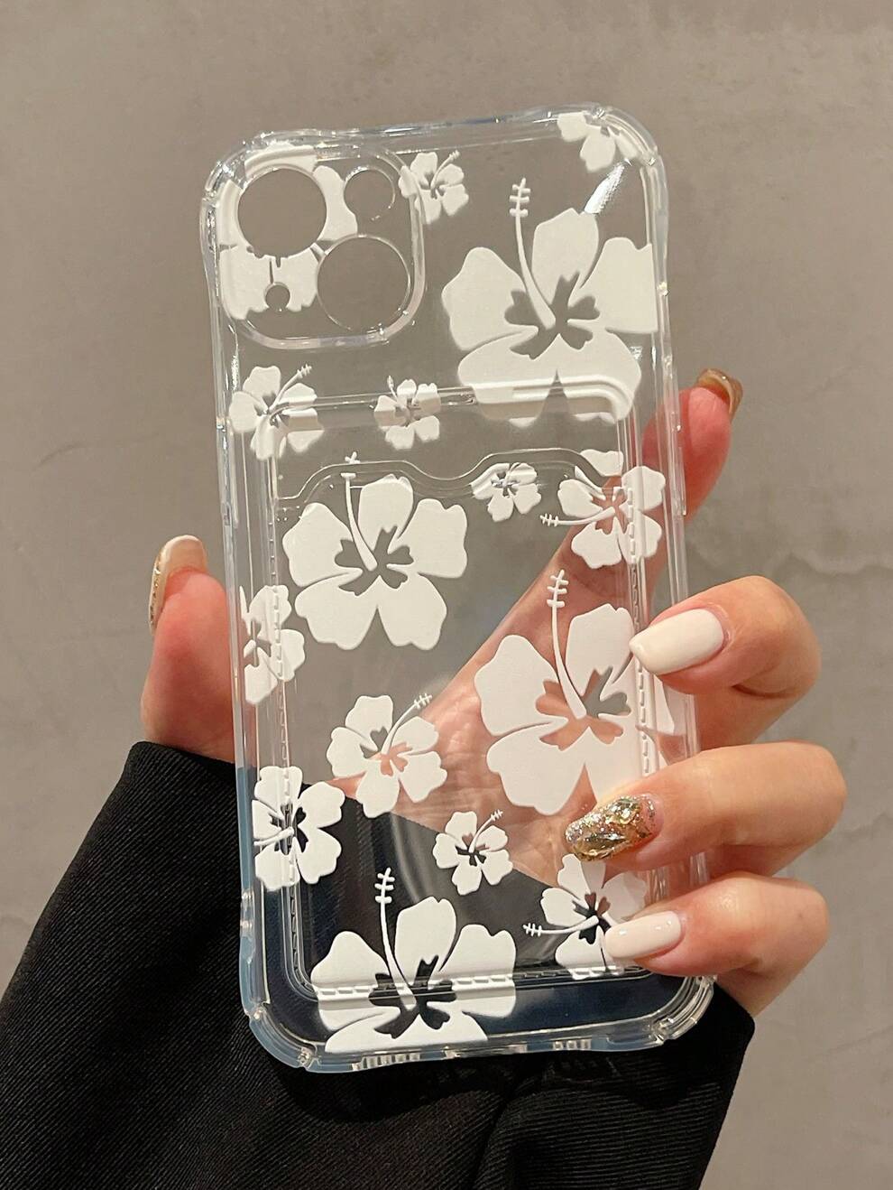 Floral 1pc White Flower Pattern Card Slot Airbag Anti-Fall Phone Case Compatible With Apple 15 14 13 12 11promax, Samsung A12 A52