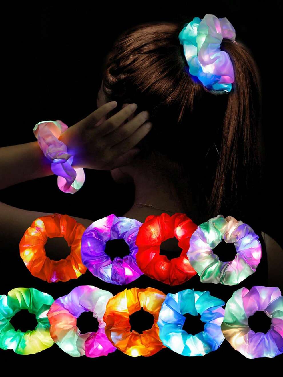 10 Pcs LED Scrunchies For Women - Scrunchy, Light Up Scrunchies For Girls, Colorful Yarn Hair Tie Multi Light Modes, Led Rave Hair Accessories Glow In The Dark Hair Accessories For Music Festival Rave