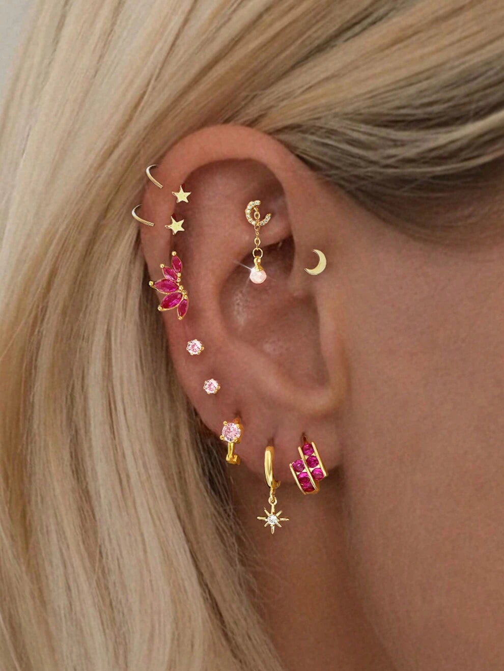 10pcs/Set Exquisite Rose Pink Earrings Including Studs, Ear Cuffs, Stars & Moon Shaped, Suitable For Ladies' Dating, Party, Daily Commuting