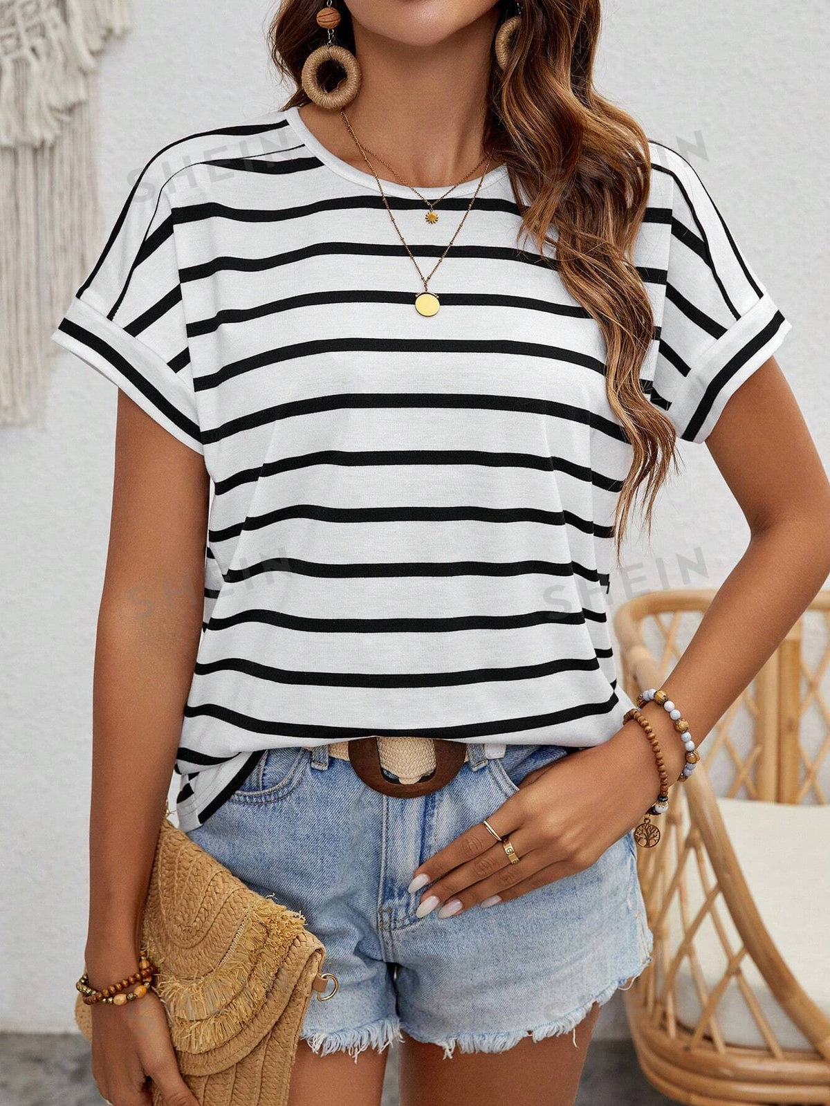 SHEIN LUNE Striped Print Batwing Sleeve Tee