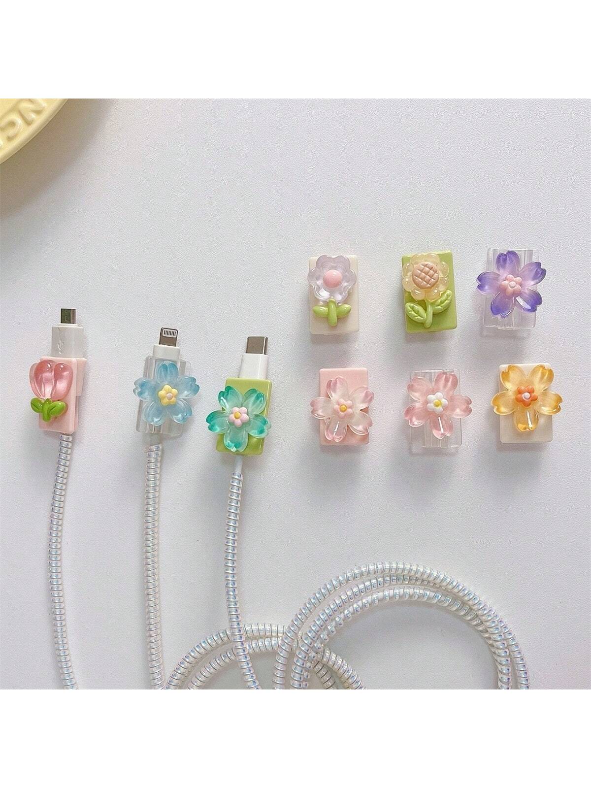 Colorful Flowers Cable Protector Cute Charger Protector Cable Winder Organizer Data Line Cord Protective Cover Compatible With IPhone