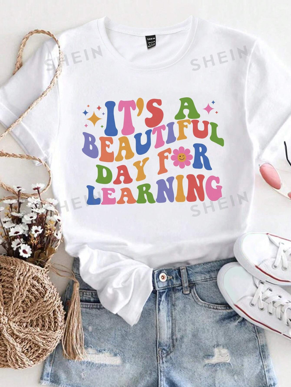 1pc Women's Fashionable Colorful Letter & Flower Printed Round Neck Short Sleeve T-Shirt IT'S A BEAUTIFUL DAY FOR LEARNING