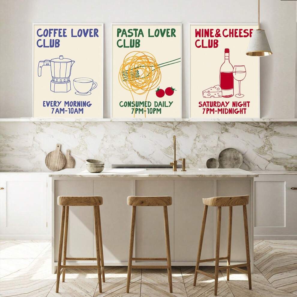 Set Of 3 Hand Drawn Kitchen Canvas Paintings,Moka Pot Coffee Wall Art ,Pasta Lover Poster,Wine And Cheese Print Wall Art,Foodie Drawing Home Decor,No Frame 15.7x23.6 Inch