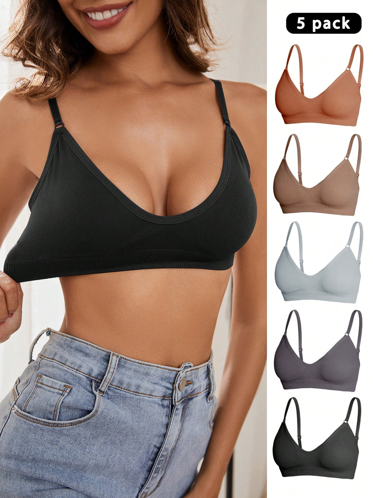 5pcs/Set Women's Solid Color Bra Set