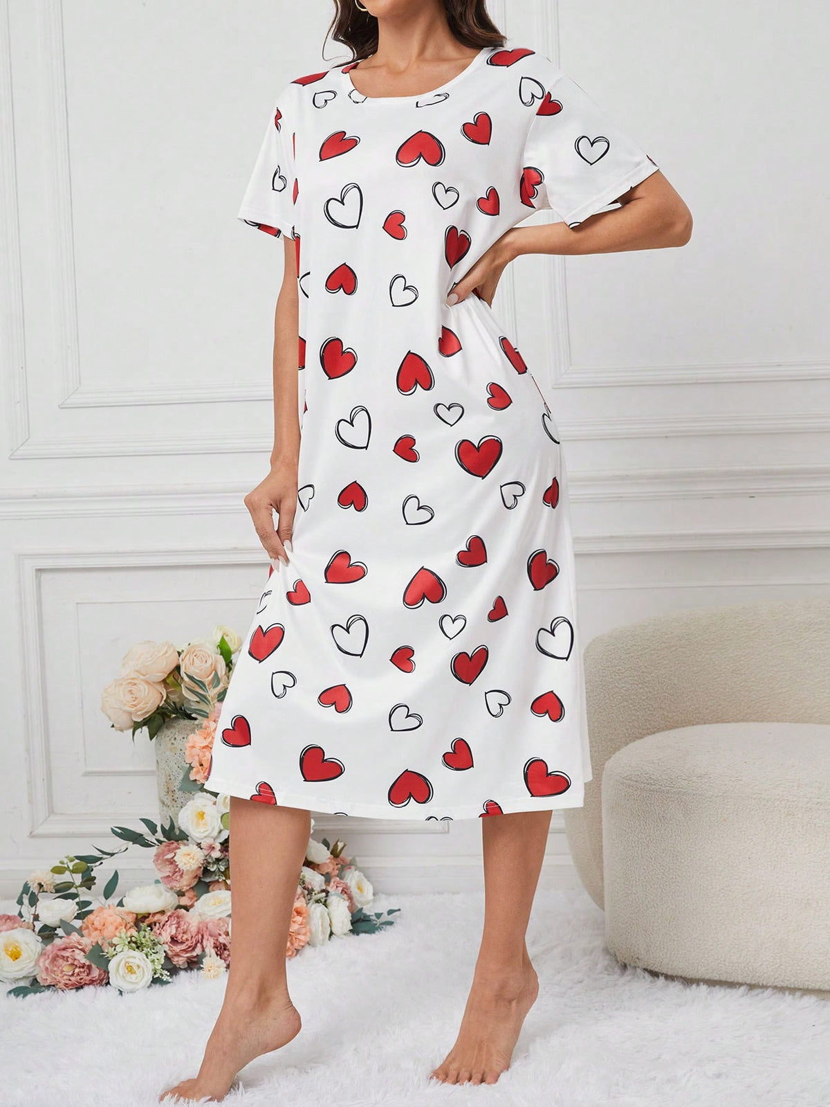 Women'S Sleep Dress Pajama Dress With Heart Print