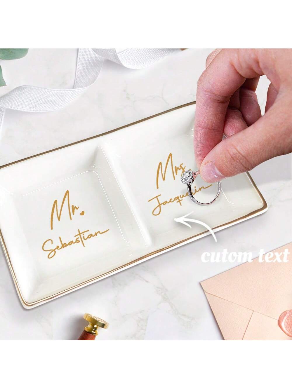 1pc Mr Mrs Ring Dish Personalized Wedding Ring Dish Custom Jewelry Ceramic Trinket Tray With Name Engagement Ring Holder Wedding Gift Decor For Couple Bride Friend