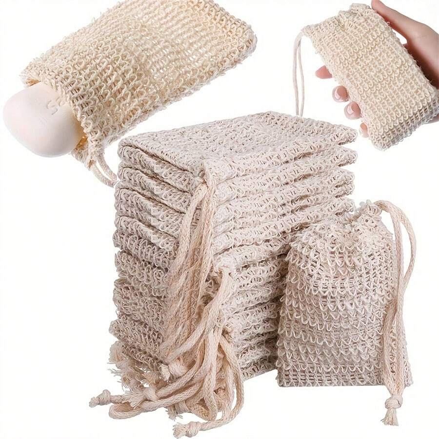 1/5/10pcs Soap Saver Pouch, Sisal Soap Bag With Drawstring And Wooden Bead, Soap Saver Bag, Knotted Shower Soap Bag For Foaming And Drying, Bathroom Accessories