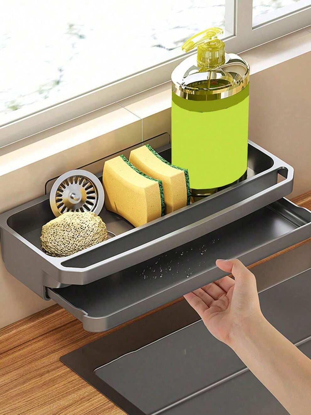 1pc Kitchen Storage Rack For Sink, With Dish Drying Rack, Sponge Holder And Hanging Hooks