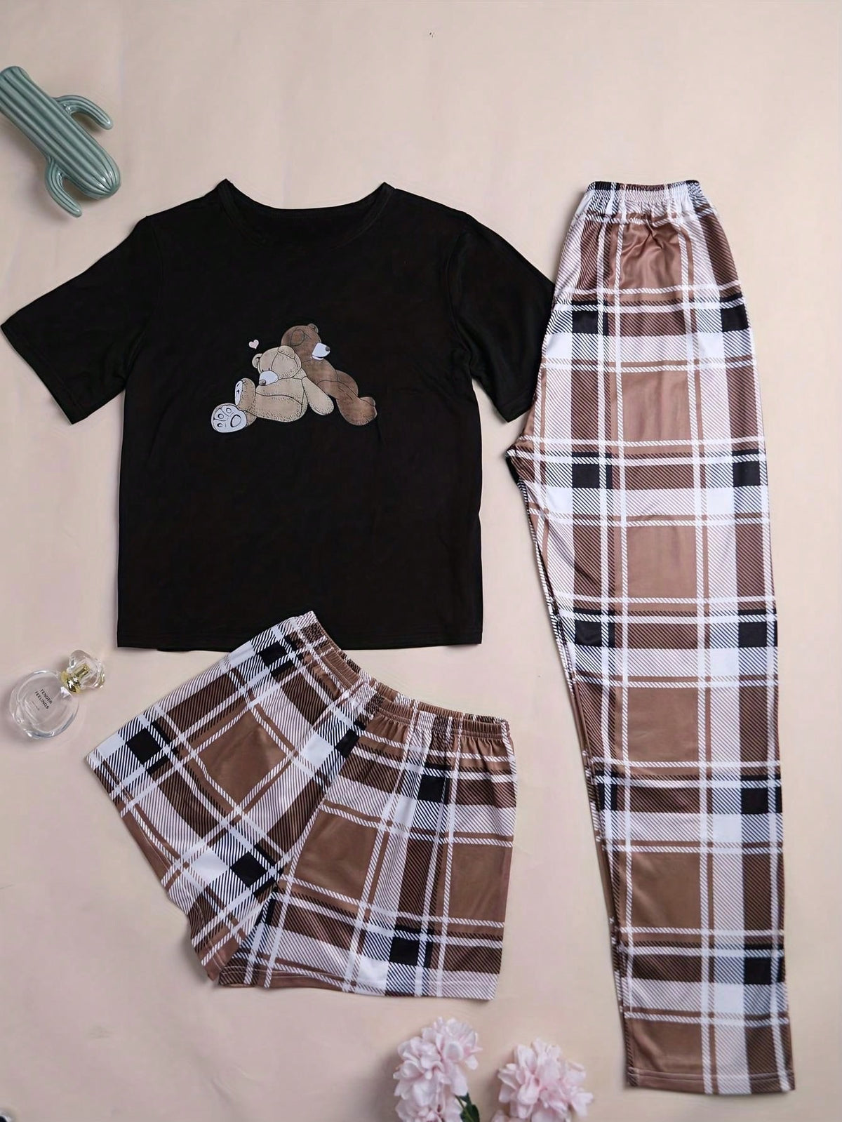 3pcs/Set Bear Pattern Top And Checker Shorts & Pants Home Outfit