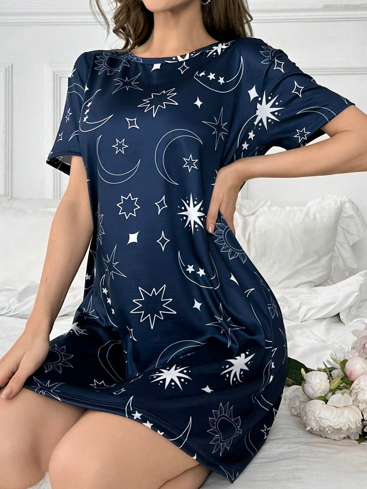 Star Printed Short Sleeve Pajama Nightdress