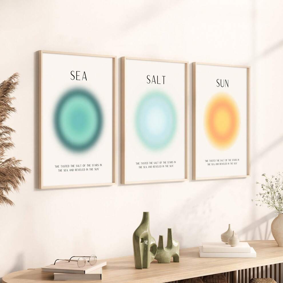 Set Of 3 Sun Salt And Sea Aura Posters Coastal Canvas Paintings,Minimalist Beach Wall Art,Trendy Ocean Wall Art,Beachy Art Home Decor,No Frame 15.7x23.6 Inch