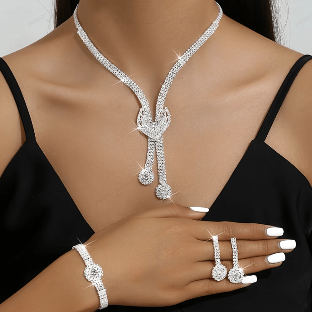 1 Set Fashionable And Luxurious Bare Full Drilled Long Heart & Tassel Necklace/Bracelet/Earrings Set Suitable For Ladies