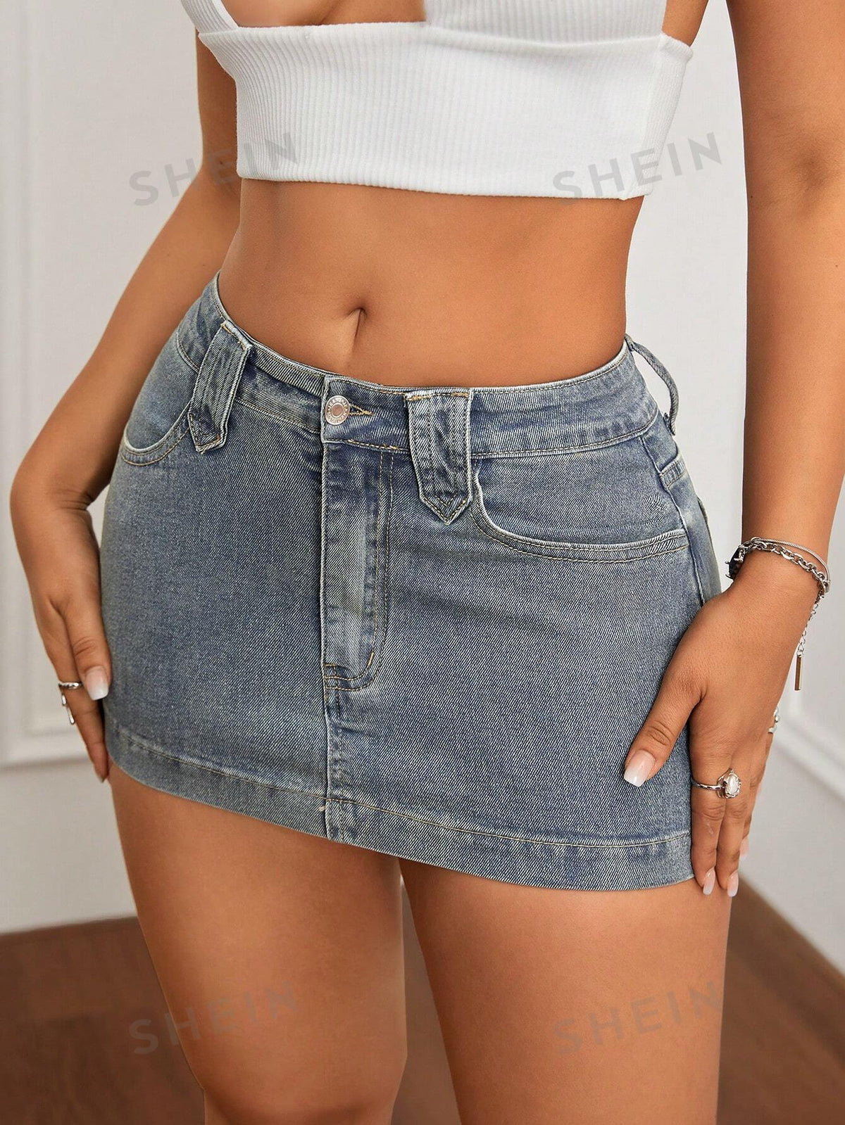 SHEIN ICON Summer Sexy Slim Washed Denim Mini Skirt