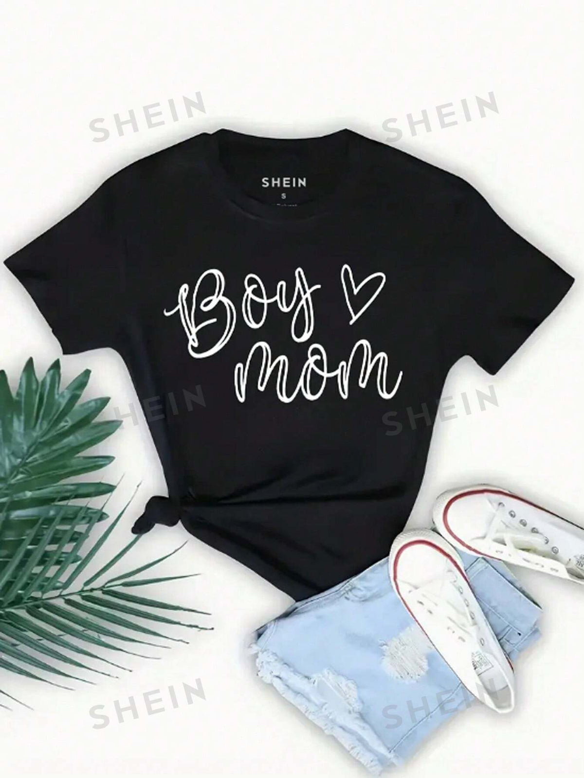 SHEIN EZwear Women's Letter & Heart Printed Short Sleeve T-Shirt Boy Love Mom