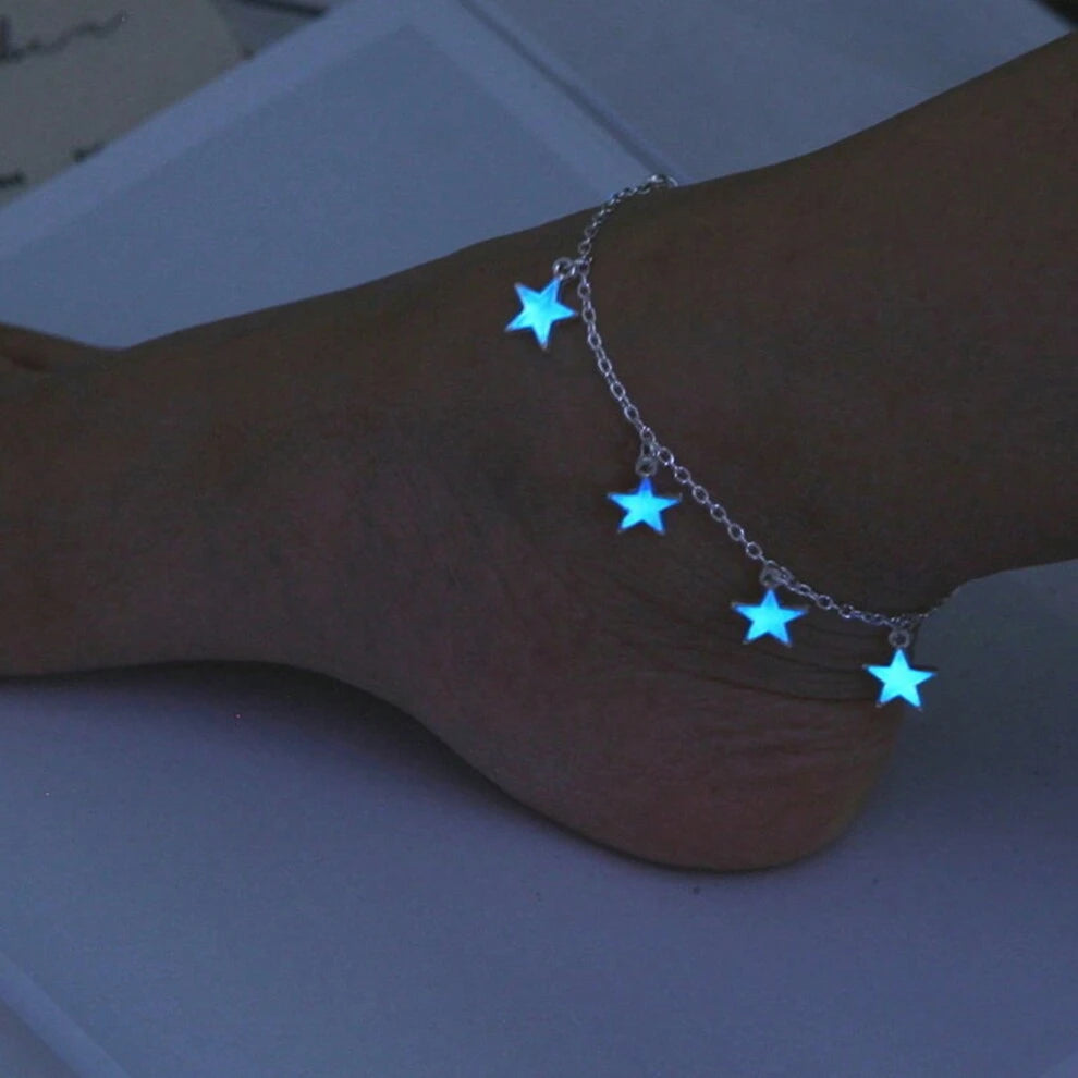 Women Luminous Blue Star Tassel Anklet Luminous Star Bracelet