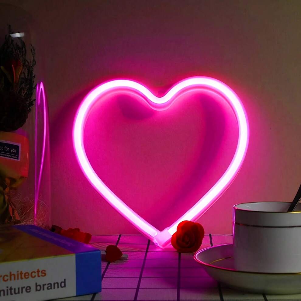 1pc Pink Heart-Shaped Led Neon Light, Battery Or Usb Powered, For Party Valentine's Day, Table & Wall Decoration, Suitable For Girls' Room Dorm Wedding Anniversary Home Decor