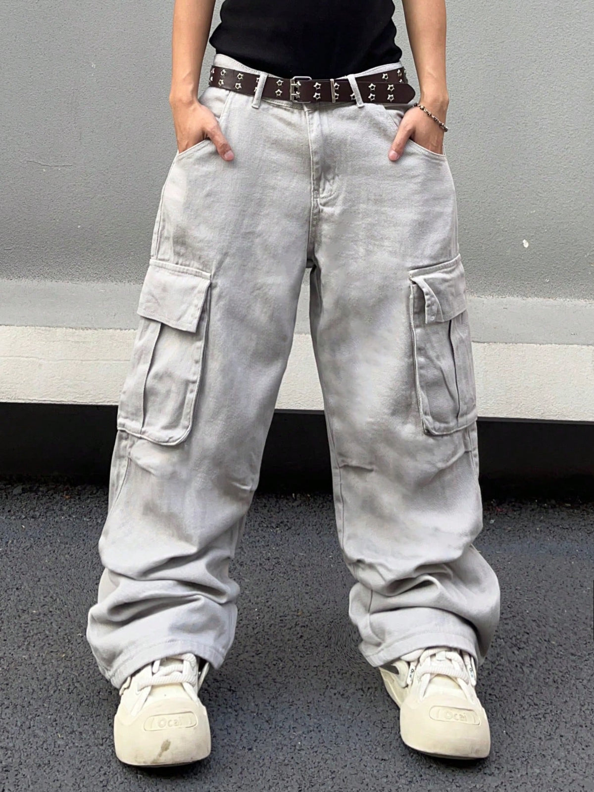 Loose Men's Solid-Colored Cargo Jeans Without Belt