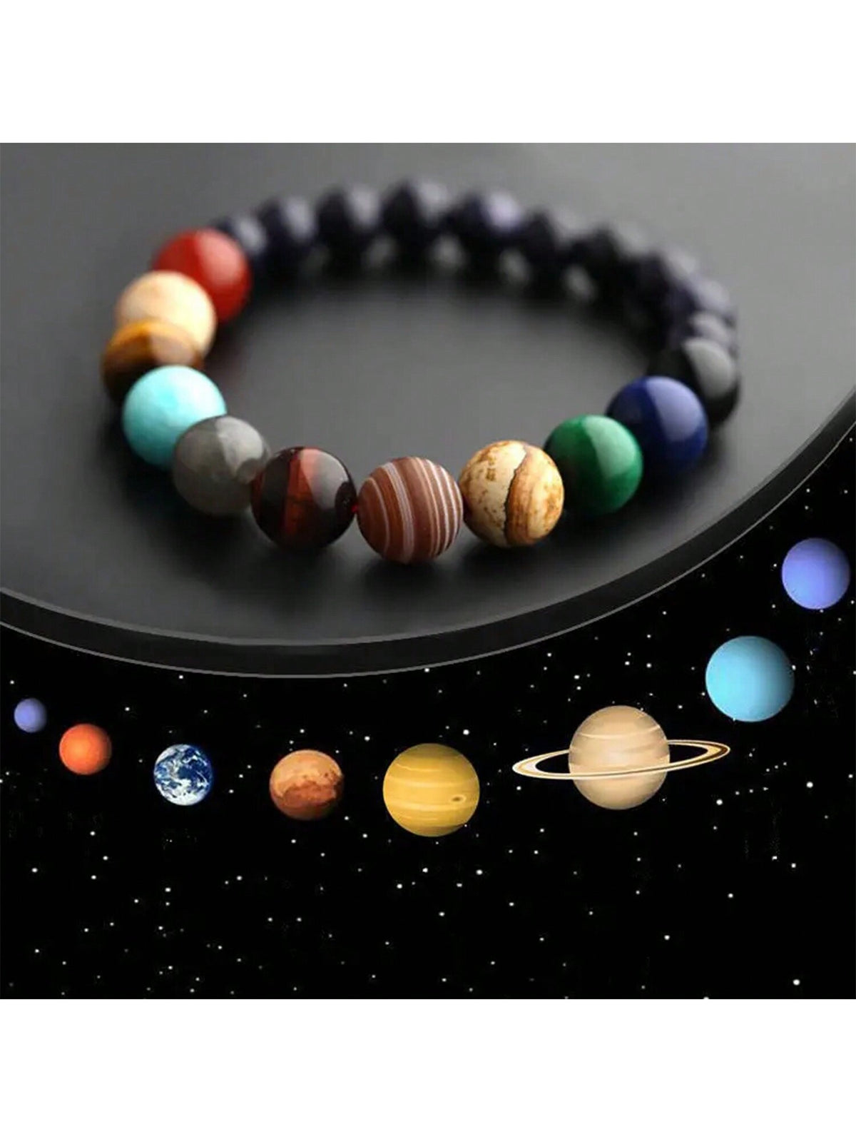 1pc Fashionable Eight Planets Beaded Bracelet For Men, Glass Beaded Bracelet With Genuine Stones As Protection Charm