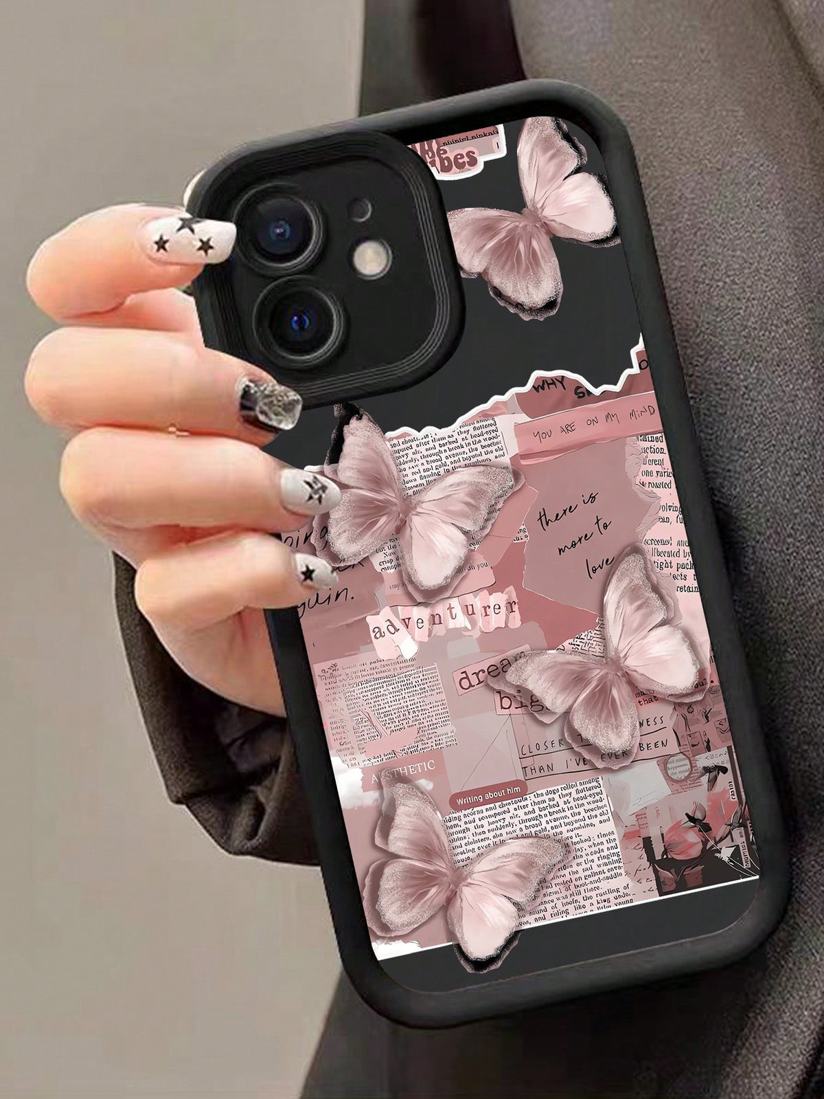 1pc Butterfly Newspaper Pink Grey Pattern Phone Case