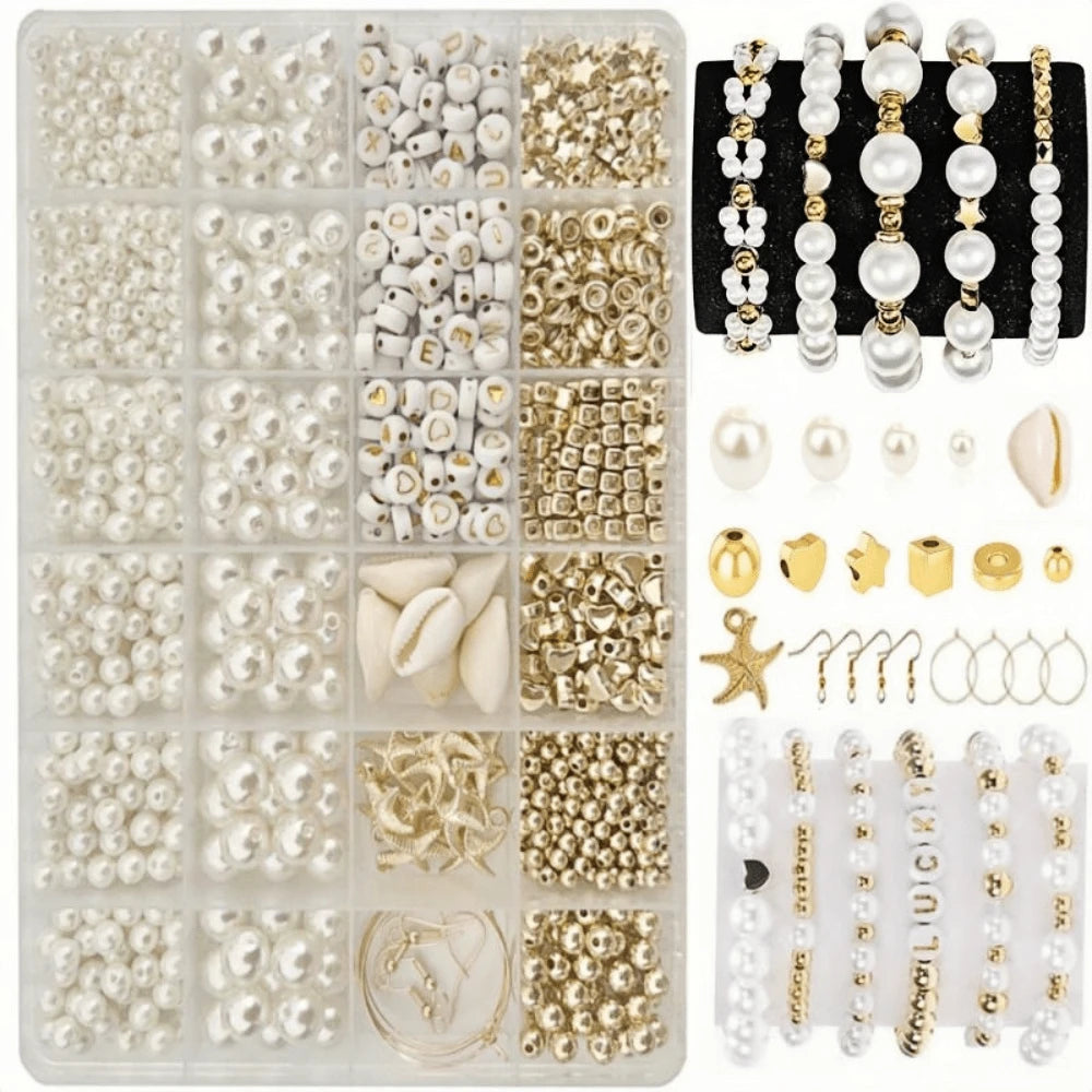 Faux Pearl Fashion Jewelry Making Tool Kit, Gold-Plated Spacer Beads, Gold Letters Heart White Beads, Shells, Bracelet Earrings Accessories And Girl Crafts Making Christmas Party Gifts